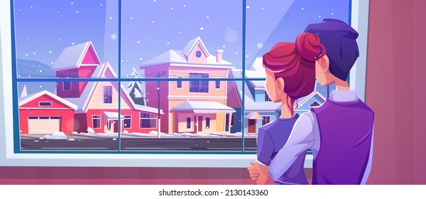 Couple looking at window at snowfall on city street. Vector cartoon illustration of man and girl standing in home and winter landscape outside with suburban houses, road and snow