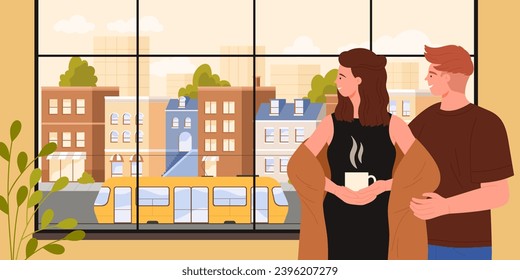 Couple looking at window at tram on city street vector illustration. Cartoon back view of young man and woman standing by panoramic window to hug and look outside, girl holding cup of hot drink