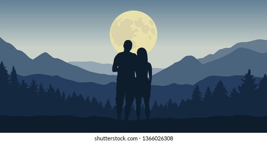 couple looks to the full moon in blue mountain and forest landscape at night vector illustration EPS10