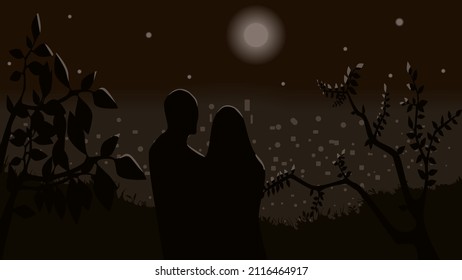 A Couple In Love Admires The Night City From A Hill Under The Moon