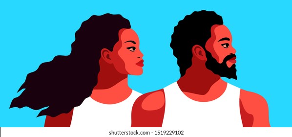 Couple in love, african americans. Bearded man and woman with long curly hair, wearing sleeveless shirts. Abstract male and female portraits, side view. Vector illustration