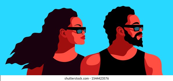 Couple in love, african americans. Bearded man and woman with long curly hair, wearing t-shirts and sunglasses. Abstract man and female portraits, side view. Vector illustration