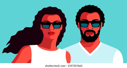 Couple in love, African Americans. Bearded man and woman with long curly hair, wearing t-shirts and sunglasses. Abstract man and female full face portraits. Vector illustration
