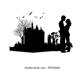 couple in love against the backdrop of an ancient castle