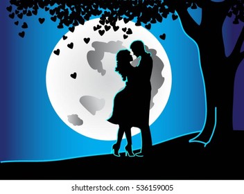 Couple in love against the backdrop of great month.Valentine's Day Vector Illustration.