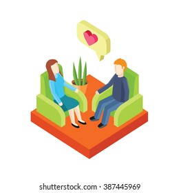 Couple in love in an armchair 3d isometry. Couple and love, isometry and young couple in love, armchair and man, relationship valentine, date valentine romantic illustration
