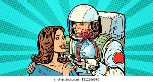 Couple in love. Astronaut gives a woman the Earth. Pop art retro vector illustration drawing kitsch vintage