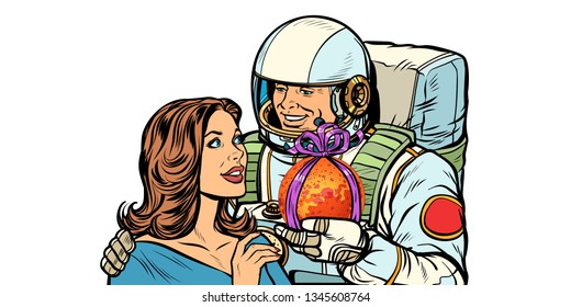 Couple in love. Astronaut gives a woman Mars. isolate on white background. Pop art retro vector illustration drawing kitsch vintage