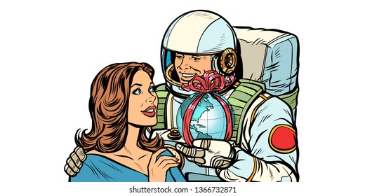 Couple in love. Astronaut gives a woman the Earth. isolate on white background Pop art retro vector illustration drawing kitsch vintage