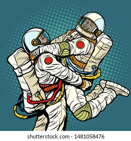 couple in love astronaut man and woman. love romance hugs. Pop art retro vector illustration drawing