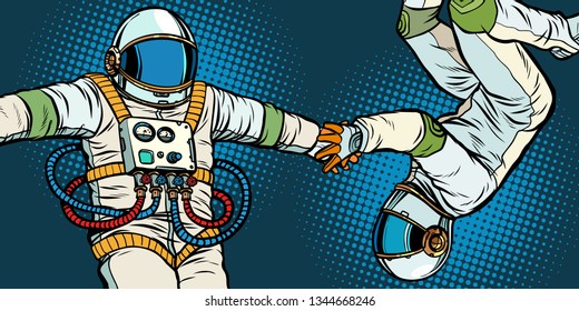 a couple in love, astronauts holding hands. Pop art retro vector illustration kitsch vintage