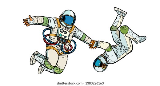 a couple in love, astronauts holding hands. Pop art retro vector illustration kitsch vintage