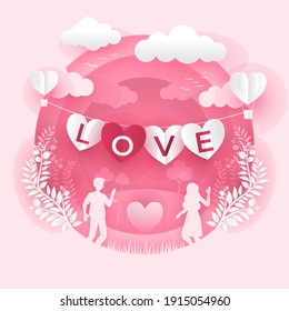 couple love with balloon paper art style happy valentine's day pink color