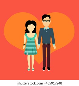 Couple in love banner flat design style. Man and woman, boy and girl holding hands. In the background of the heart silhouette. Romantic banner flat together male and female, vector illustration