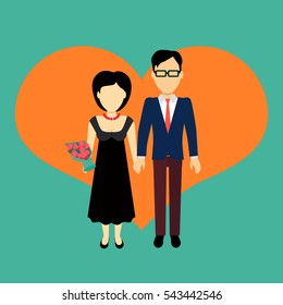 Couple in love banner. Man and woman, boy and girl holding hands and bouquet of flowers. In the background of the heart silhouette. Romantic banner flat together male and female, vector illustration