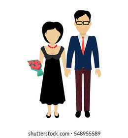 Couple in love banner. Man and woman, boy and girl holding hands and bouquet of flowers. In the background of the heart silhouette. Romantic banner flat together male and female, vector illustration
