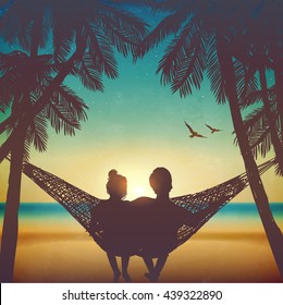 Couple in love at the beach on hammock. Inspiration for wedding, date, romantic travel card. Family