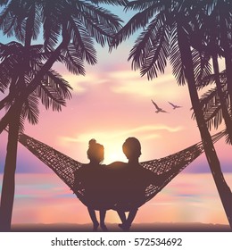 Couple in love at the beach on hammock. Inspiration for wedding, date, romantic travel cards. Family