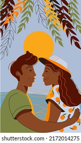 Couple in love at the beach. Romantic sunset beach. Summer vacation. Vector illustration