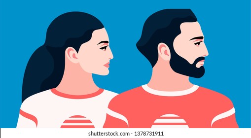 Couple in love. Bearded man and woman with long hair, wearing sportswear. Male and female characters, profile faces, blue background. Vector illustration