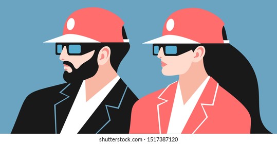 Couple in love. Bearded man and woman with long hair, wearing suits, baseball caps and sunglasses. Male and female characters, side view, isolated, blue background. Vector illustration