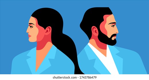 Couple in love. Bearded man and woman with long hair, back to back, wearing casual summer clothes. Male and female portraits, side view, blue background. Vector illustration