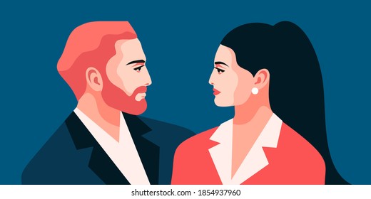 Couple in love. Bearded man and woman with long hair, face to face, eyes to eyes. Male and female portraits, side view. Vector illustration