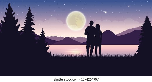 couple in love at beautiful lake at night with full moon and starry sky mystic landscape vector illustration EPS10