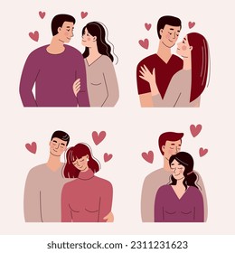 Conjunto de hermosos jóvenes hombres y mujeres abrazándose, amando parejas. Día de San Valentín, amor, cita. Ilustración vectorial plana