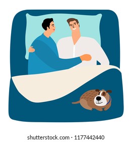 Couple in love in bed. Two men and dog vector illustration