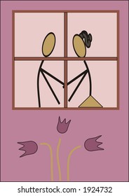 Couple in love behind the window