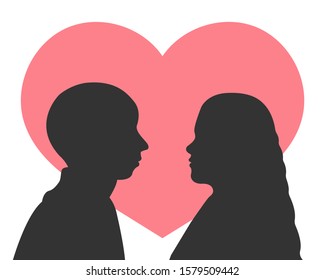 Couple in love with big pink heart. Young guy and girl, black silhouette. Vector stock illustration.