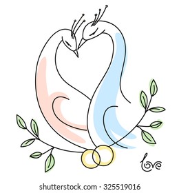 A couple of love birds forming a heart shape with rings. Image for wedding invitation and greetings. 