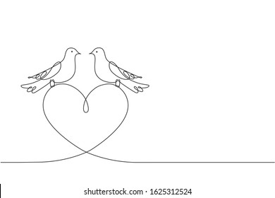 Couple of love birds and a heart. Continuous line drawing. Two enamoured pigeon and heart between them. A symbol of wedding, fidelity of love and family happiness. Design card, the invitation.