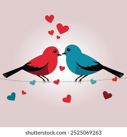 Couple in love. Birds in love with hearts. Valentine's day illustration, wedding card. Love theme