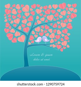 Couple Love Birds on the branch of the heart shape leaves tree pastel color, wedding invitation card theme vector background