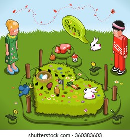 Couple in love and a blooming grass heart on a meadow in spring (isometric illustration)