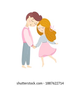 Couple in love. Boy and girl hold hands. Date. Cute childish illustration in simple hand drawn cartoon style. Vector isolate on a white background