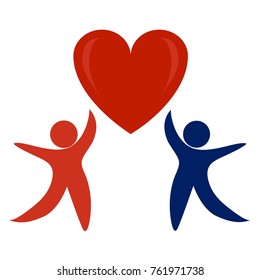 Couple in Love. Boy & Girl Touching Red Heart Together. Stick Figure Pictogram Icon