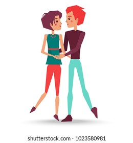 Couple in love boy and girl vector illustration isolated on white. Teenage male holds blonde female on hands and going to kiss