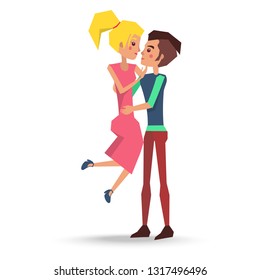 Couple in love boy and girl vector illustration isolated on white. Teenage male holds blonde female on hands and going to kiss