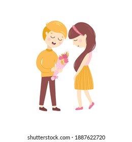 Couple in love. The boy gives the girl a bouquet of flowers for Valentine's Day or birthday. Date. Cute childish illustration in simple hand drawn cartoon style. Vector isolate on a white background.