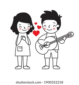 couple in love with boy playing guitar isolated over white background. vector illustration