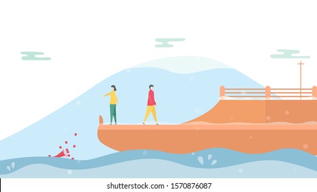 Couple of love is broken heart on cruise ship in winter season. Drop down of rose on the sea. Vector illustration is in flat style.