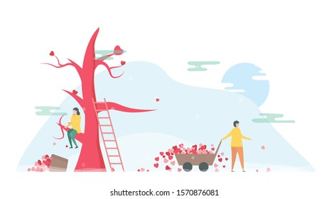 Couple of love is broken heart in winter season. Drop down of hearts on the floor. Vector illustration is in flat style.