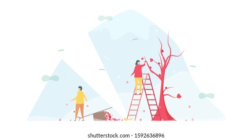 Couple of love is broken heart in winter season. Drop down of hearts on the floor. Vector illustration is in flat style.