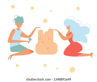 Couple in love builds a sand castle Vector. Cartoon. Isolated art on white background. Flat