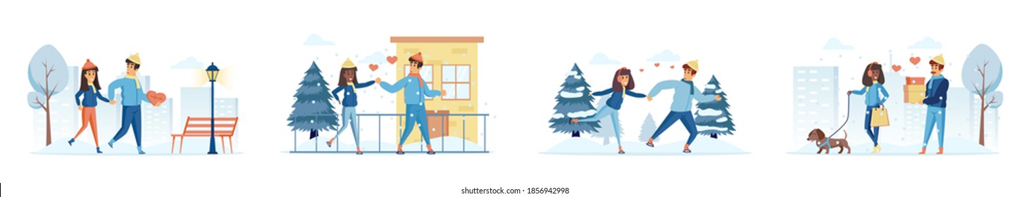 Couple in love bundle of scenes with people characters. Happy lovers walking in winter park, skating and skiing together situations. Valentines day, romantic relationship cartoon vector illustration.