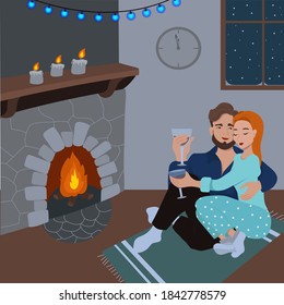 
Couple in love by the fireplace drinks wine from glasses, New Year's Eve, Romantic evening by the fireplace,Guy hugs a girl, Two lovers cozy meet the New Year, vector illustration in flat style.