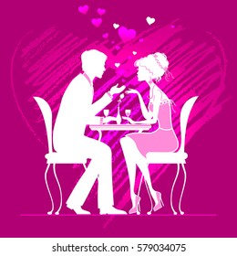 couple in love  in a cafe on dark pink background with hand drawn heart. vector illustration
